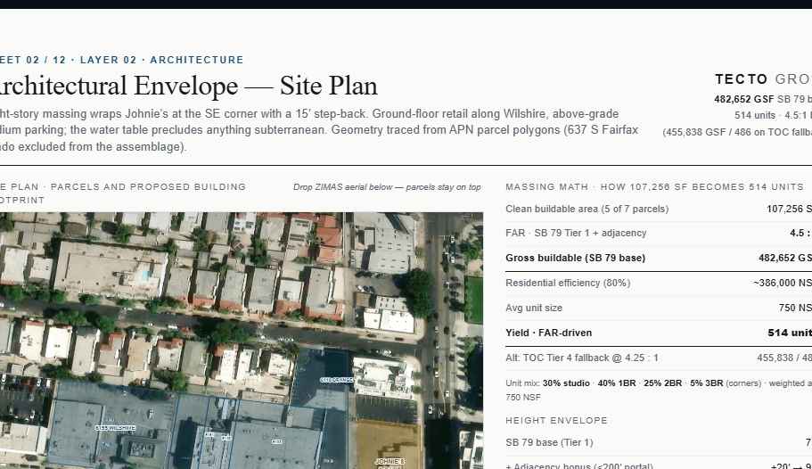 Architectural envelope and site plan sheet showing aerial of the assemblage with massing math: 107,256 SF clean buildable area, FAR 4.5:1, 482,652 GSF, 514 units, with TOC Tier 4 fallback at 4.25:1.